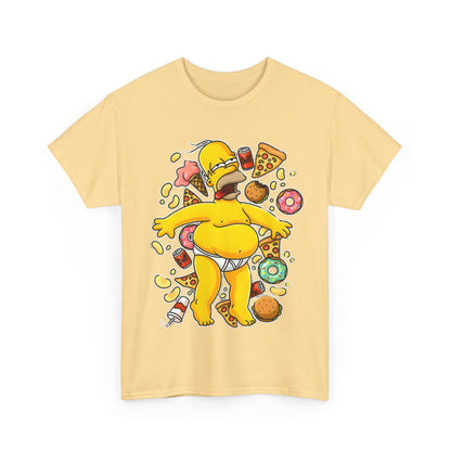 Luxurious unisex cotton t-shirt adorned with a playful illustration of Homer Simpson amidst an array of enticing snacks, embodying the essence of 'Homer's Gluttonous Glory'.