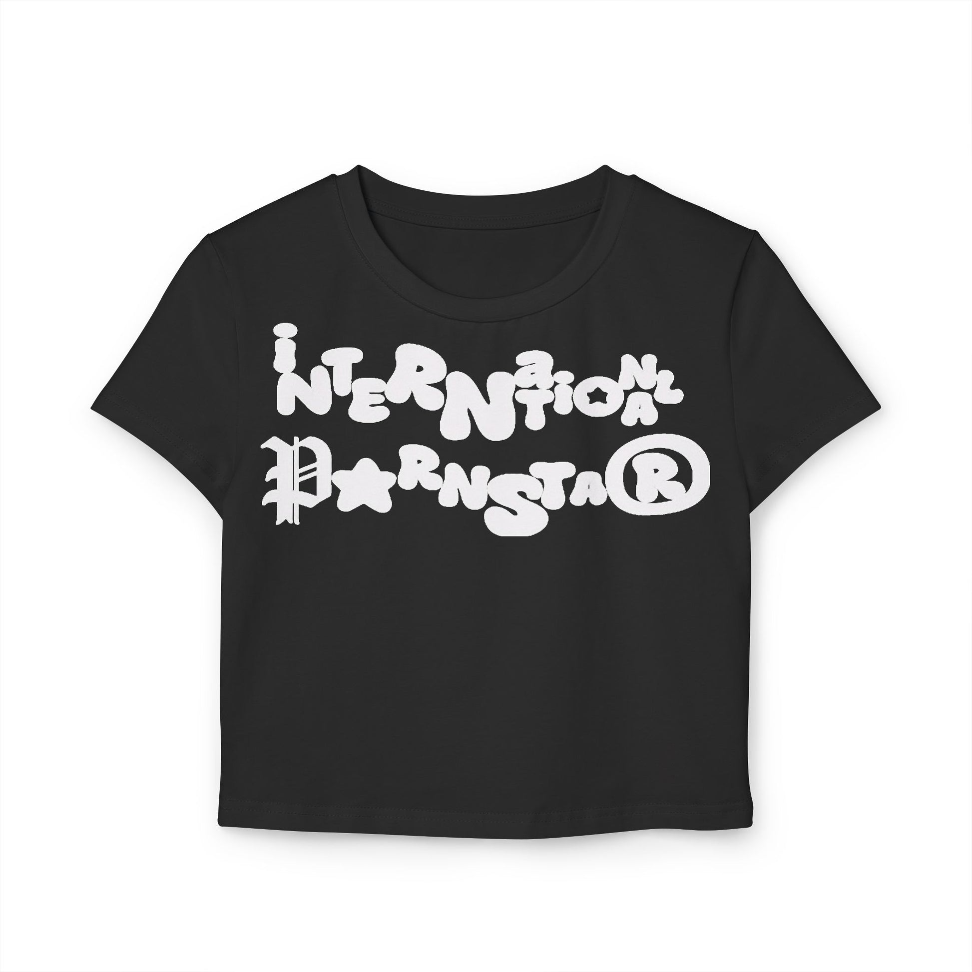 Sleek black cropped baby T-shirt adorned with whimsical typography stating 'International Pornstar', merging contemporary flair with elegance.