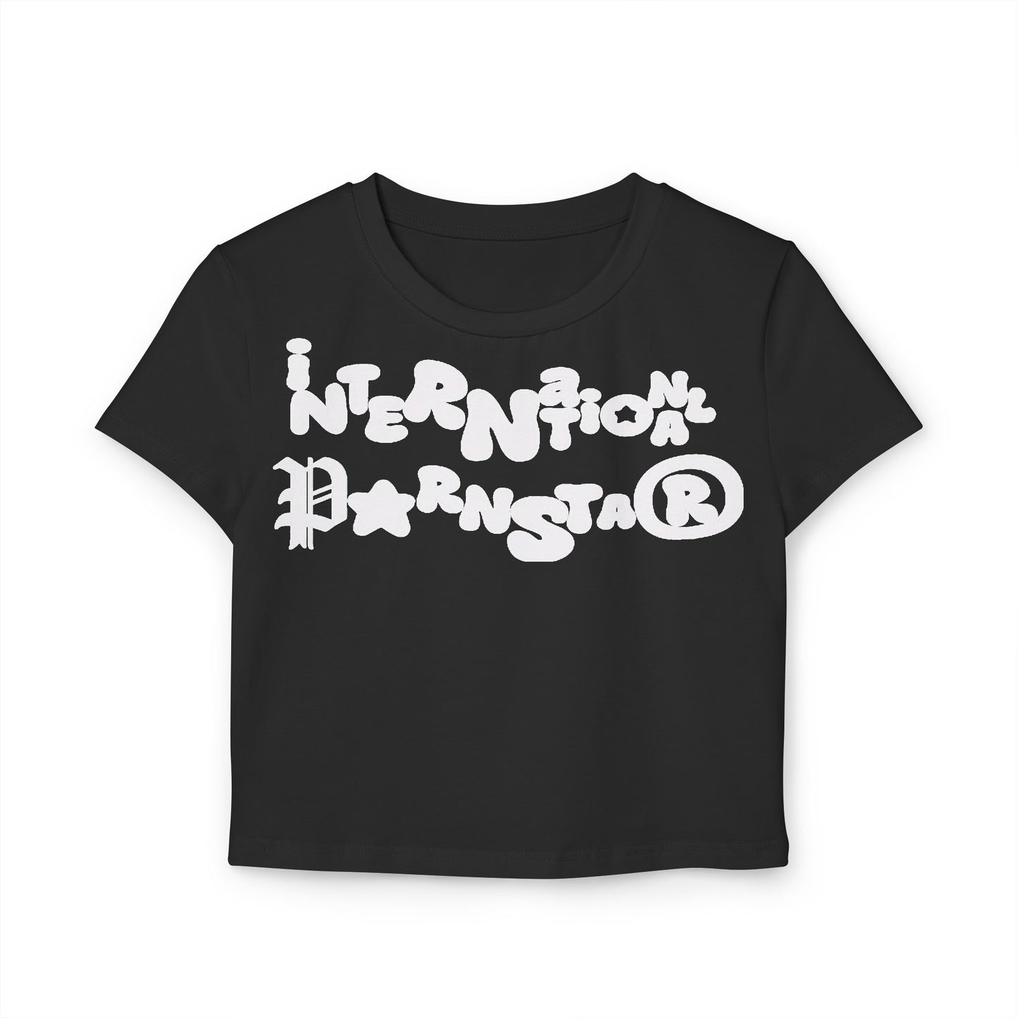 Chic black cropped baby T-shirt showcasing striking white graphic print with the text 'International Parnstar' in a playful design.