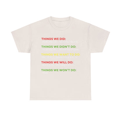 Rock Anthems Tribute Unisex Cotton T-Shirt Graphic Tee in sophisticated cream, displaying impactful phrases from rock anthems, perfect for those with a passion for music.