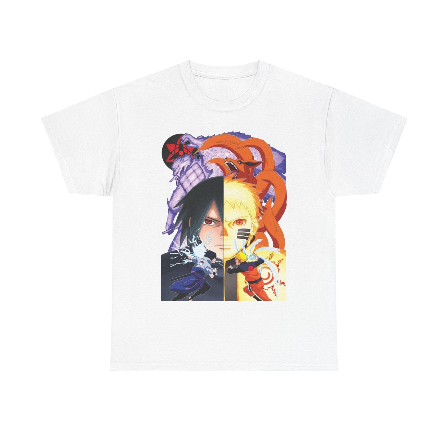 Elegant white anime-themed T-shirt with striking artwork of Sasuke and Naruto, highlighting intricate details and a captivating battle scene, ideal for discerning fans of exquisite fashion.