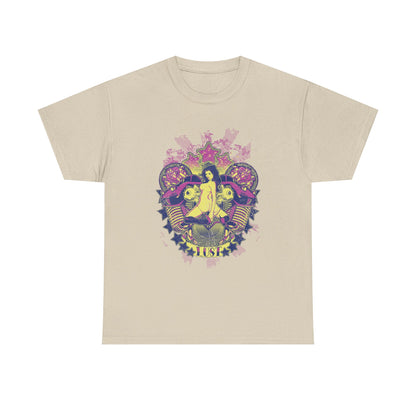 Sophisticated beige men's t-shirt featuring an artistic retro punk design, beautifully blending mechanical elements with floral motifs, perfect for discerning fashion enthusiasts.
