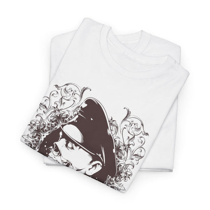 Luxurious folded white t-shirts showcasing a unique zombie graphic with intricate designs, ideal for a fashionable wardrobe.
