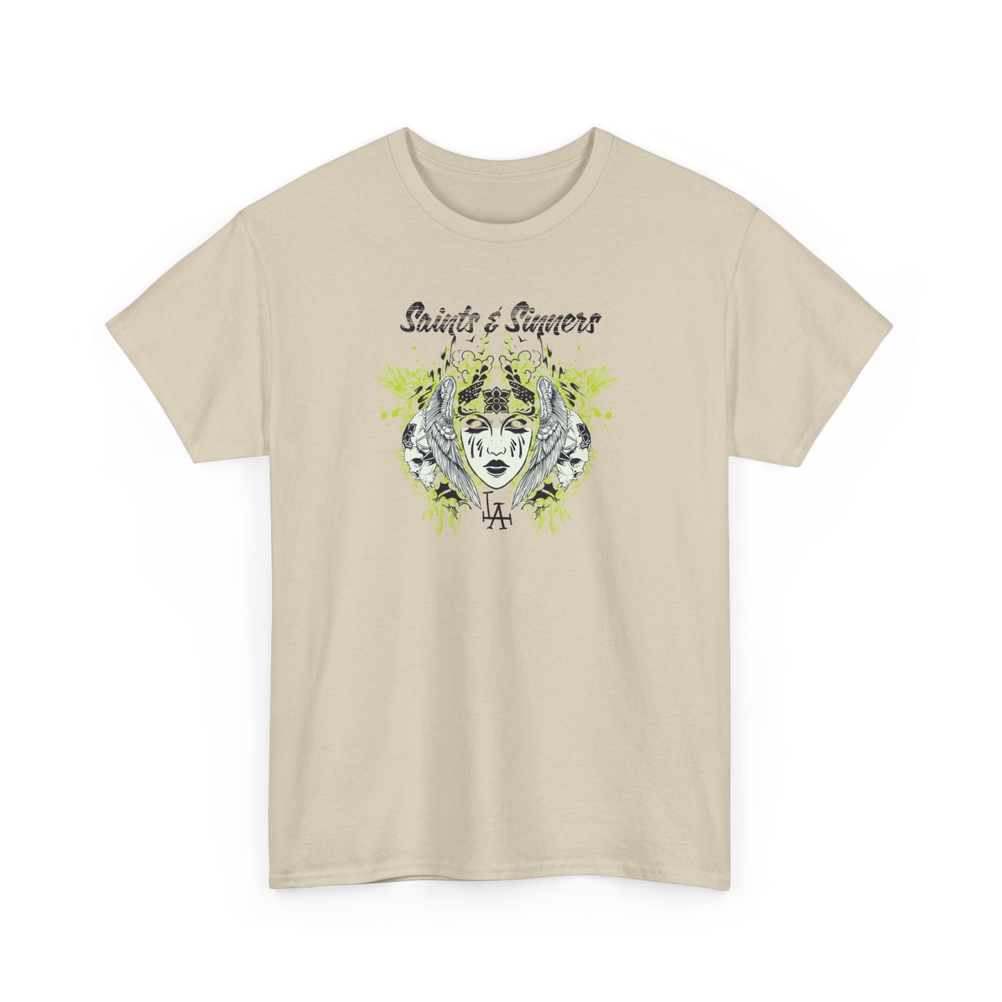Chic beige graphic t-shirt featuring the 'Saints & Sinners' design, adorned with intricate floral and gothic embellishments, perfect for fashion-forward individuals.