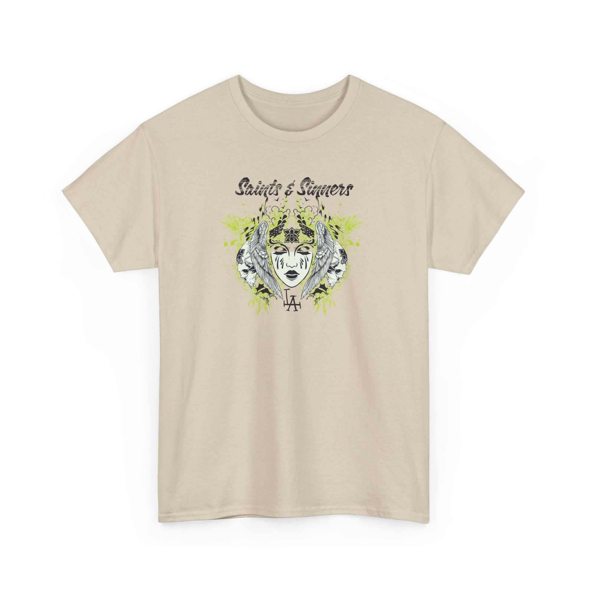 Chic beige graphic t-shirt featuring the 'Saints & Sinners' design, adorned with intricate floral and gothic embellishments, perfect for fashion-forward individuals.