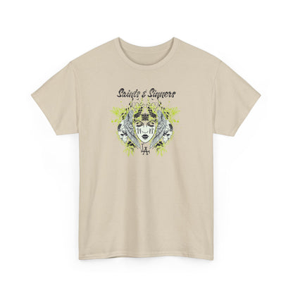 Chic beige graphic t-shirt featuring the 'Saints & Sinners' design, adorned with intricate floral and gothic embellishments, perfect for fashion-forward individuals.