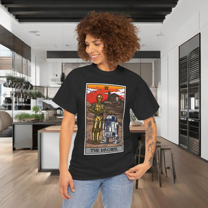 Chic Droids Tarot Card Graphic T-Shirt showcased by a stylish model, featuring C-3PO and R2-D2, perfect for contemporary fashion lovers.