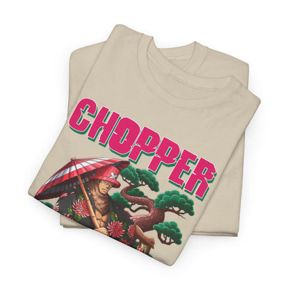 Close-up display of folded beige men's graphic t-shirts featuring exquisite Chopper artwork, showcasing the quality and detailed design perfect for avid collectors.