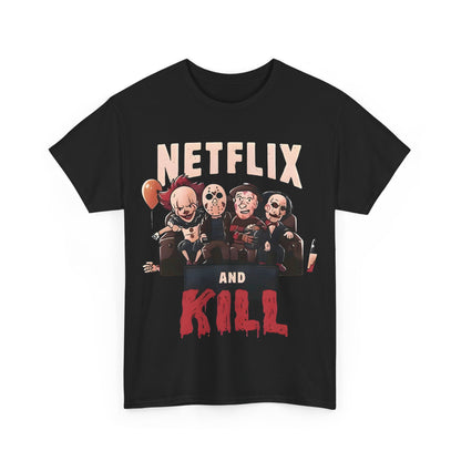 Luxurious Netflix and Kill Graphic T-Shirt featuring a stylish design with horror movie characters on a couch, showcasing playful sophistication in urban fashion.