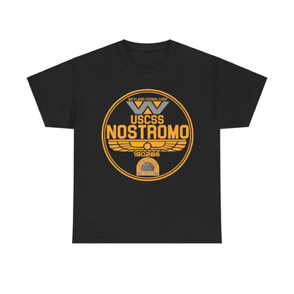 USCSS Nostromo Graphic Unisex Tee Shirt in black, featuring a striking Nostromo logo, perfect for sci-fi aficionados.