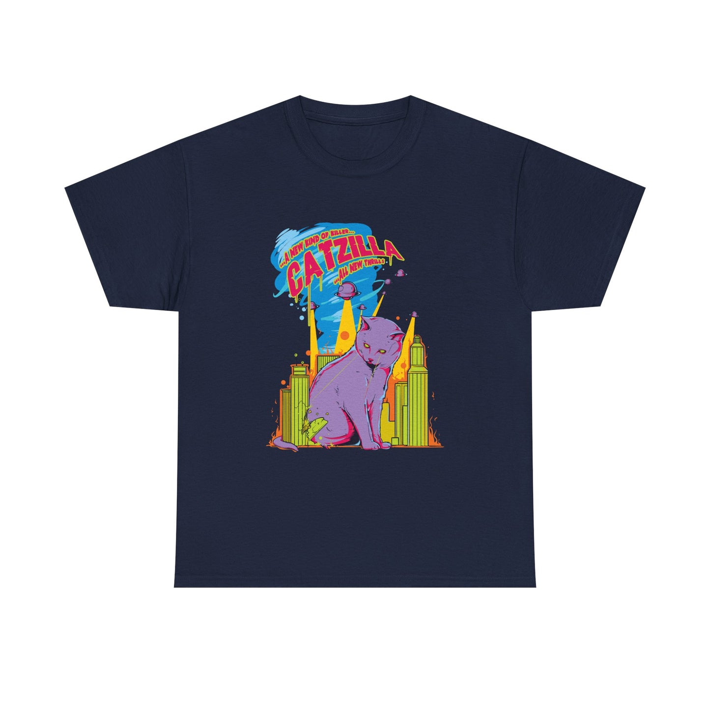 Epic Catzilla Men's T-Shirt featuring bold graphic design of a majestic purple cat against a vibrant cityscape, embodying luxury and adventure.