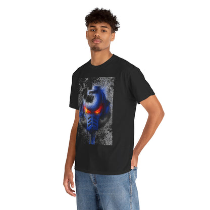 A model showcasing a black unisex graphic t-shirt adorned with a captivating blue helmet artwork with glowing red eyes, ideal for urban street style.