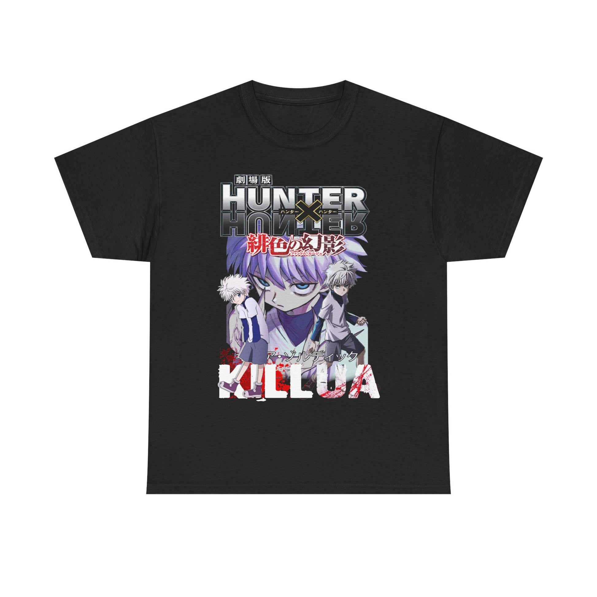 Sophisticated black graphic t-shirt with dynamic Killua and Gon design from Hunter x Hunter, perfect for anime aficionados seeking style and comfort.