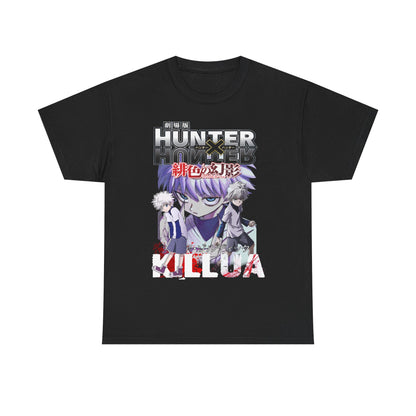 Sophisticated black graphic t-shirt with dynamic Killua and Gon design from Hunter x Hunter, perfect for anime aficionados seeking style and comfort.
