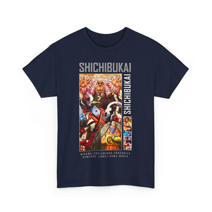 Stylish navy men's T-shirt showcasing bold Shichibukai graphic artwork, perfect for elevating any casual outfit.