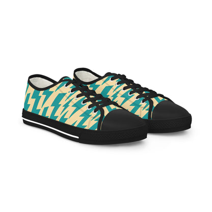 Luxurious Pop Art Bolt Low-Top Sneakers for Men by Dazzling Dreams Studio featuring a stylish beige canvas and vibrant turquoise lightning bolt design.