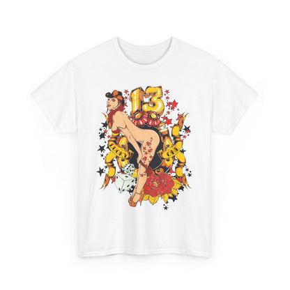 Stylish bottle peeking from behind the design of Printify's Bold Gold 13 Men's T-Shirt, hinting at celebration and festivity.