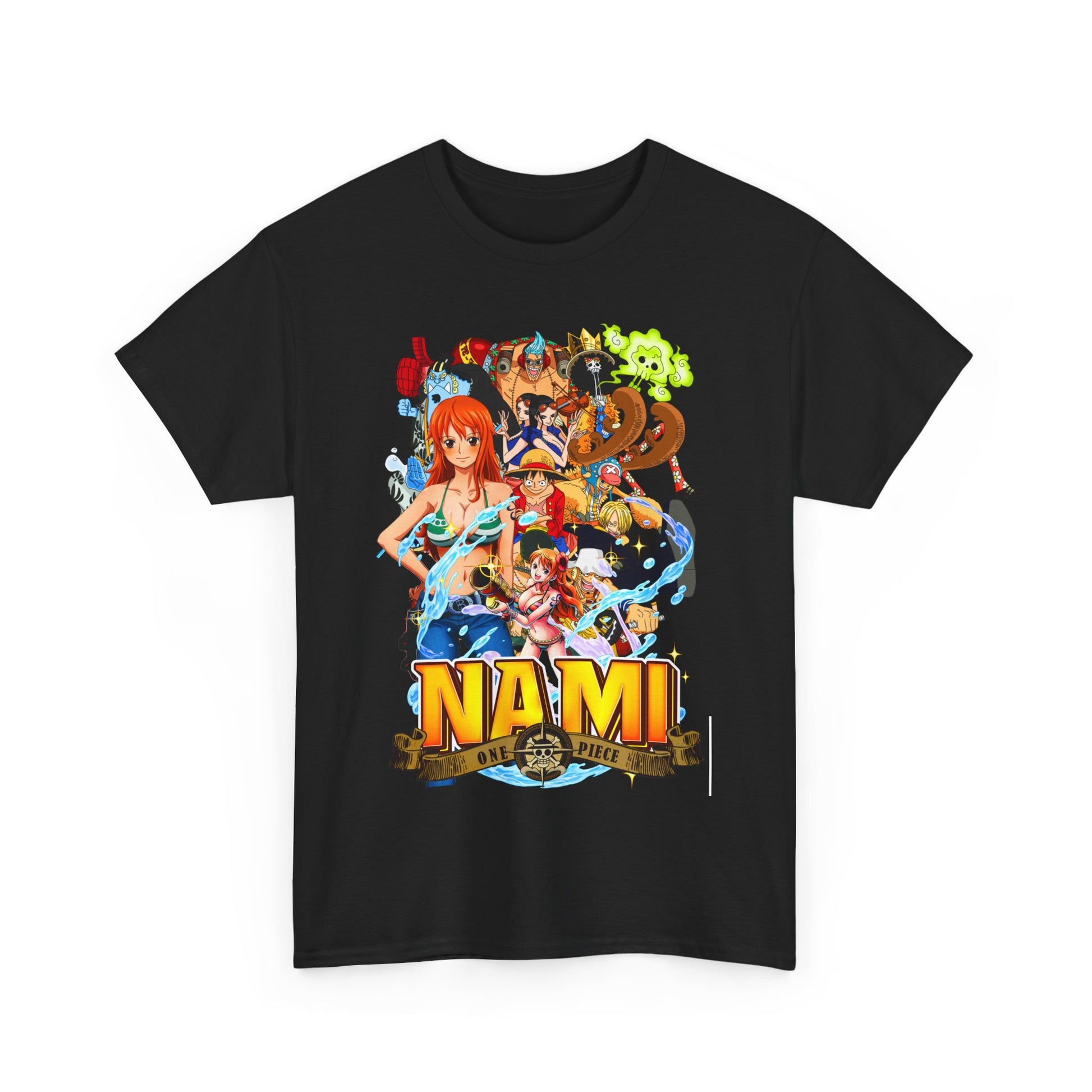 Stylish black men's t-shirt showcasing a captivating Nami graphic from One Piece, highlighting the character amidst dynamic action, designed for the discerning anime fan.