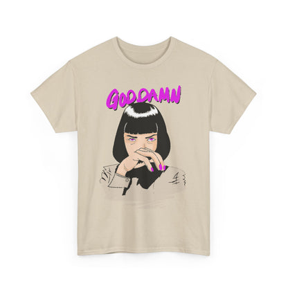 Front view of a premium graphic T-shirt designed with an artistic depiction of a woman in iconic cinematic style, highlighted with the phrase 'GOOD DAMN' in striking pink, embodying luxury and pop culture fashion.