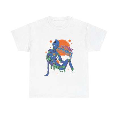 A luxurious Electric Romance men's T-shirt showcasing vibrant futuristic robot art, featuring a bold design with two cosmic robots against a celestial backdrop. Ideal for sci-fi enthusiasts, this white shirt embodies style and comfort.