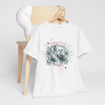 Chic white T-shirt displayed with a cap on a wooden chair, featuring a hauntingly beautiful skull and violin design, perfect for artistic expression.