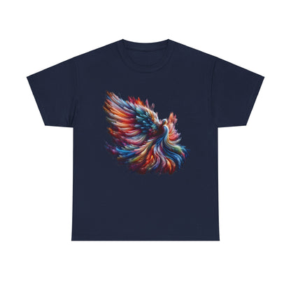 Majestic Angel Graphic Unisex T-Shirt in navy blue, featuring exquisite abstract art of a phoenix in a vibrant colour palette, crafted from soft, luxurious cotton.