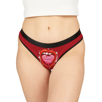 Luxurious women's thong featuring a vibrant graphic design of red lips and a heart-shaped tongue saying 'I love you', perfect for romantic occasions and playful gift-giving.