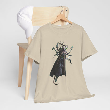 Stylish unisex graphic t-shirt featuring a captivating fantasy creature, artfully draped on a wooden chair alongside a chic cap, perfect for urban street style.