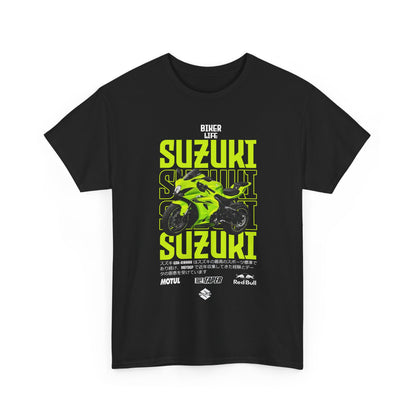 Chic black Suzuki GSX-R graphic t-shirt highlighting a vibrant lime green motorcycle graphic and bold branding, a luxurious statement piece for style-savvy bikers.