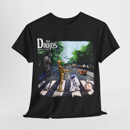 Luxury graphic t-shirt featuring 'The Droid's Imperial Road' design, showcasing iconic Star Wars droids crossing a pedestrian lane, set against a lush, vibrant background, perfect for fans of music and sci-fi.