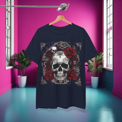 Skulls and Roses Cotton Tee displayed in a stylish indoor setting, illustrating its unique and edgy design with skulls and roses.