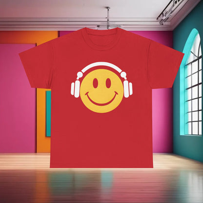 Enchanted Harmony Graphic T-Shirt illustrating a lively yellow smiley face with white headphones, set against a bold red backdrop, designed for those with a taste for luxury and creativity.