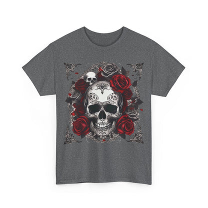 Stylish front view of the Skulls and Roses Cotton Tee, featuring an intricate steampunk design with skulls and roses, perfect for a sophisticated alternative fashion statement.