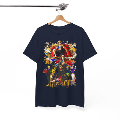 Sophisticated navy t-shirt hung on a wooden hanger, displaying intricate anime artistry, perfect for fashion-forward individuals.