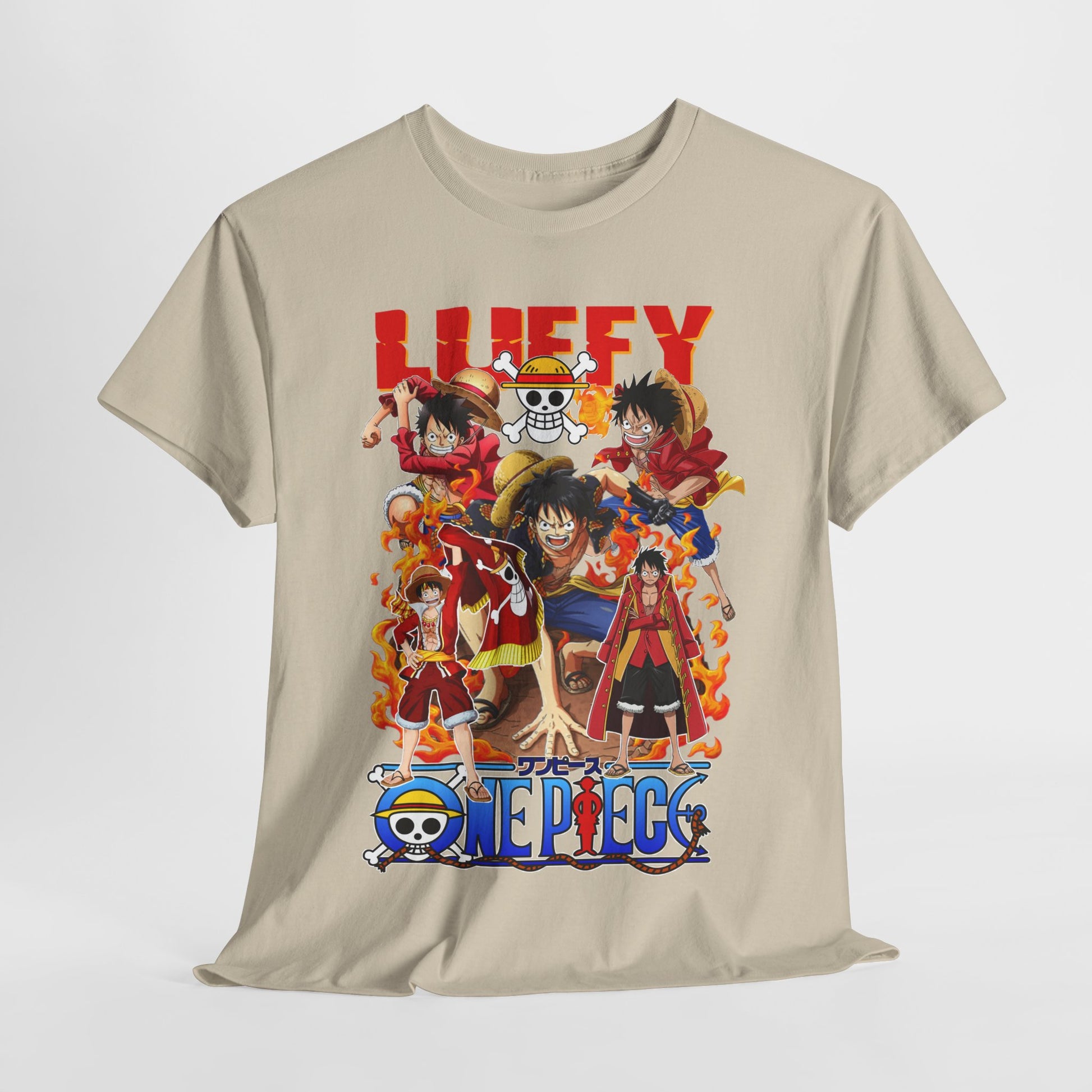 Stylish beige t-shirt displaying an exquisite anime design featuring Luffy and friends from One Piece, presented in an artistic manner to appeal to fans of timeless animated adventures.