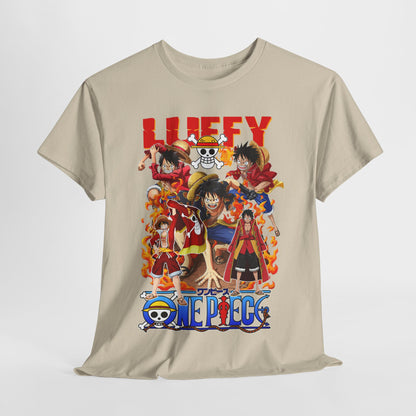 Stylish beige t-shirt displaying an exquisite anime design featuring Luffy and friends from One Piece, presented in an artistic manner to appeal to fans of timeless animated adventures.