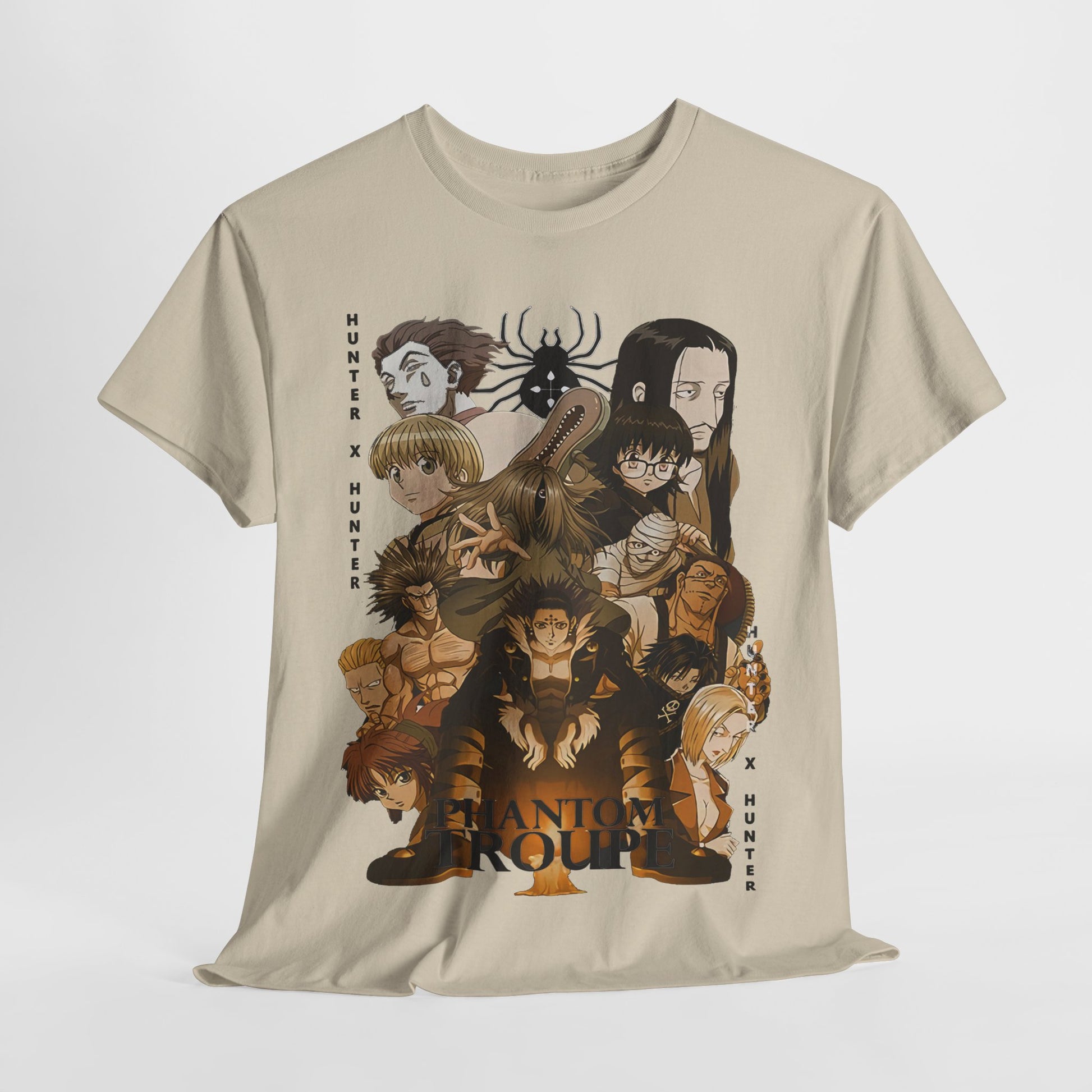 Artful display of the Phantom Troupe graphic T-shirt set on a soft background, highlighting the dramatic character ensemble from the iconic Hunter x Hunter series.