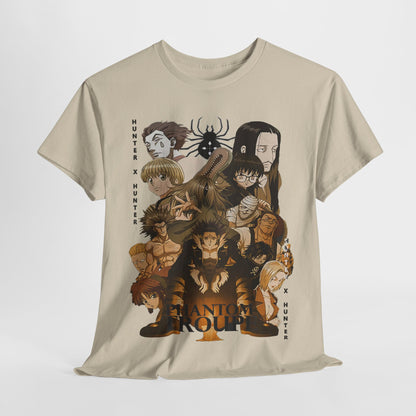 Artful display of the Phantom Troupe graphic T-shirt set on a soft background, highlighting the dramatic character ensemble from the iconic Hunter x Hunter series.