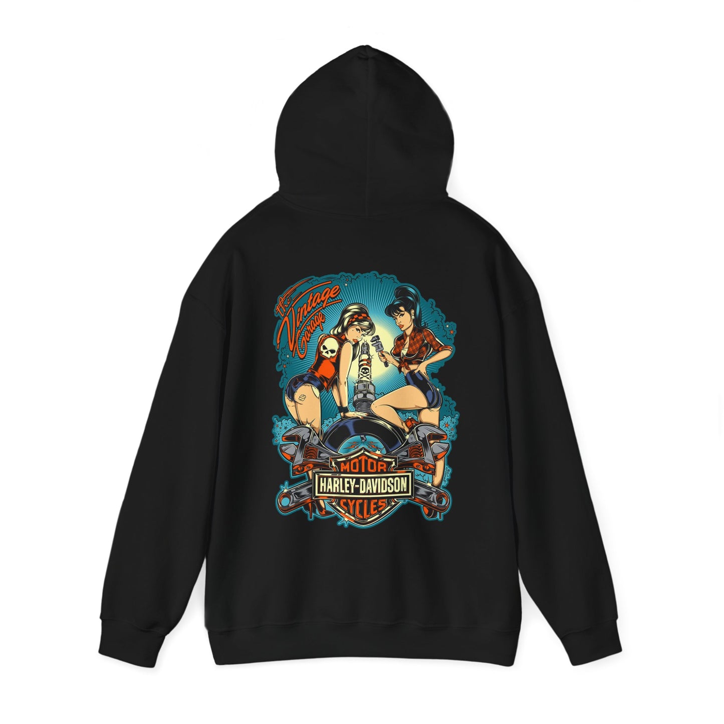 Sophisticated black hoodie featuring a stunning vintage back print of iconic pin-up women alongside motorcycle mechanics, blending style and nostalgia.