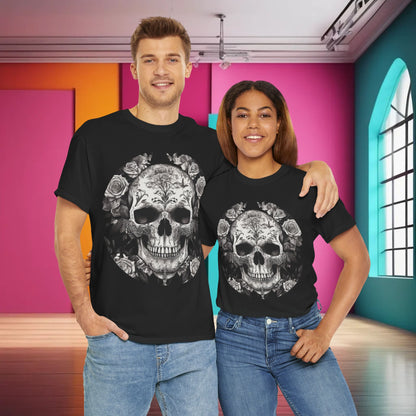 Stylish couple wearing Skulls and Roses Cotton Tee, a luxurious unisex graphic shirt, showcasing the intricate skull and rose design in a vibrant setting.