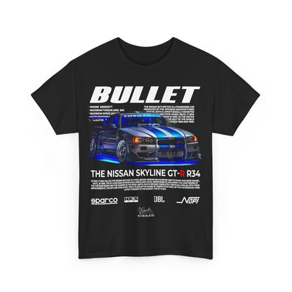 Fashion-forward black t-shirt featuring a bold graphic of the Nissan Skyline GT-R R34, detailing specs and automotive logos, ideal for car enthusiasts.
