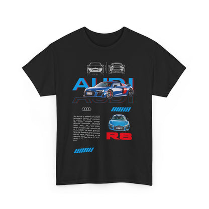 Audi R8 Men's T-Shirt in black featuring an eye-catching graphic of the Audi R8, combining comfort and style for car enthusiasts and fashion-forward individuals alike.