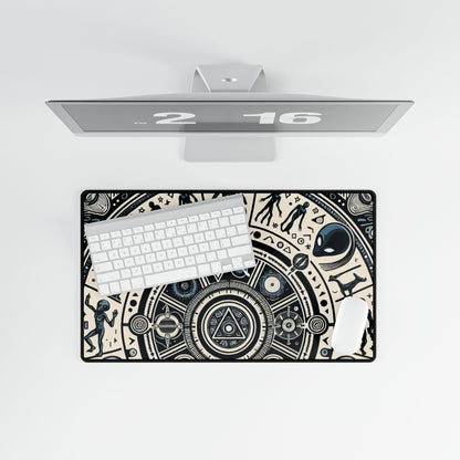 Cosmic Hieroglyphic Tranquility Mat - Desk | Mouse Mat arranged on a contemporary office desk, featuring complex alien imagery and accessories for productivity.