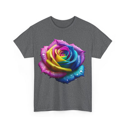 Rainbow Rose Unisex Cotton Tee Graphic T Shirt featuring a dazzling rainbow rose with water droplets, set against a dark grey background, perfect for bold styling.