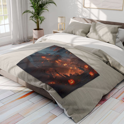 Decorative and Warm Halloween Spooky Arctic Fleece Blanket beautifully displayed on a bed, adding a cozy and festive touch to the bedroom decor.