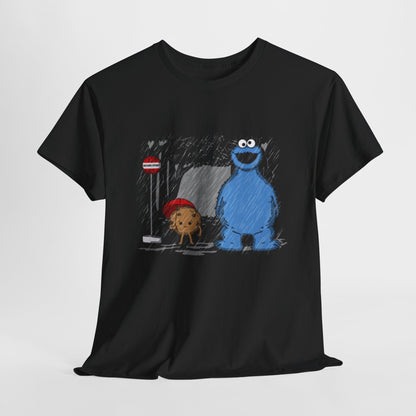 Elegant Cookie Monster Sesame Street graphic t-shirt featuring a whimsical design of the blue character and a cookie friend sheltering under an umbrella, perfect for stylish casual wear.