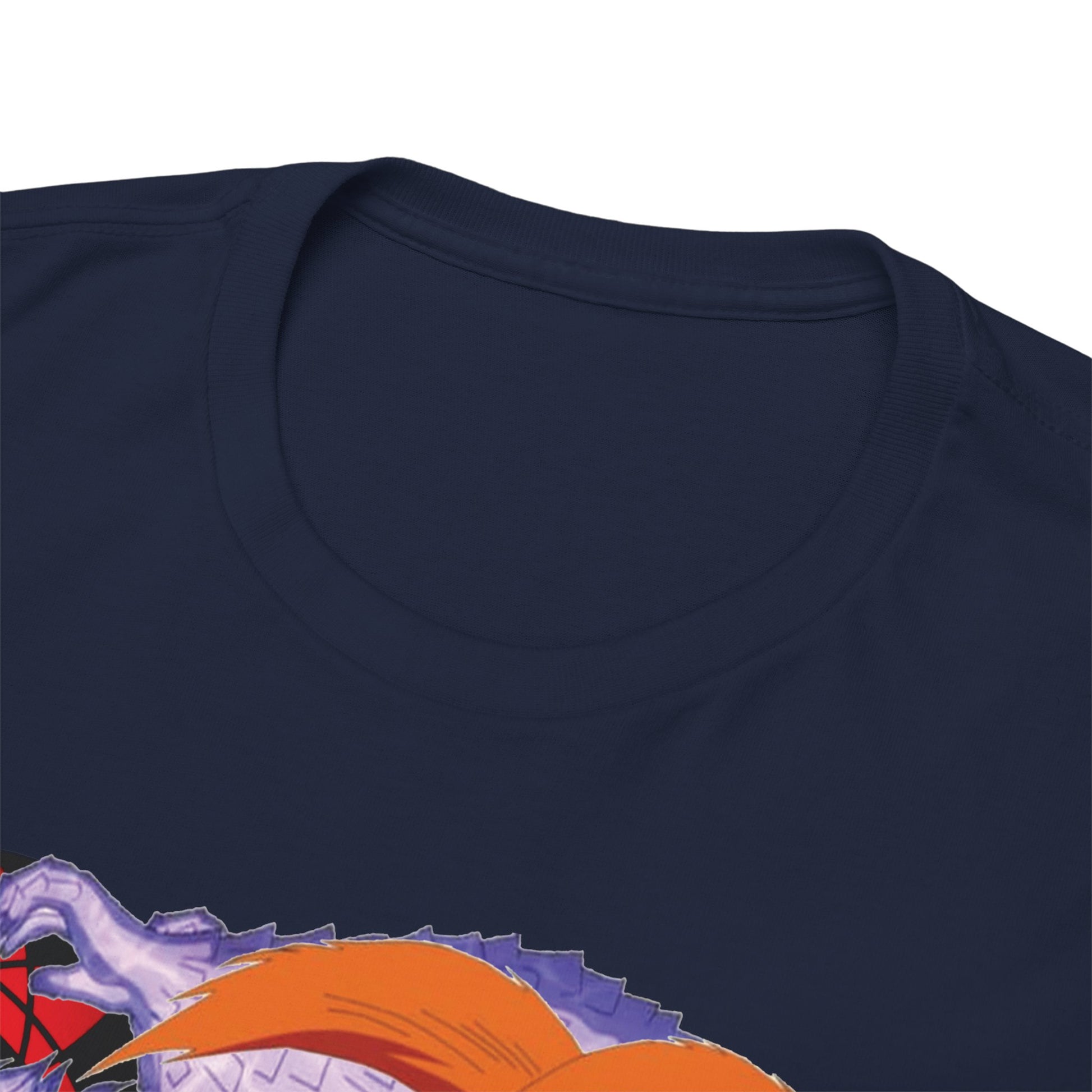 Close-up view of the soft neckline of a premium navy T-shirt adorned with striking anime artwork, emphasising comfort and style.