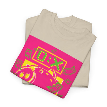 Squid Game Unisex Men's Women's Graphic Cotton Funny T Shirt Tee folded, showcasing a striking piggy bank design with neon colours against a luxurious beige fabric.