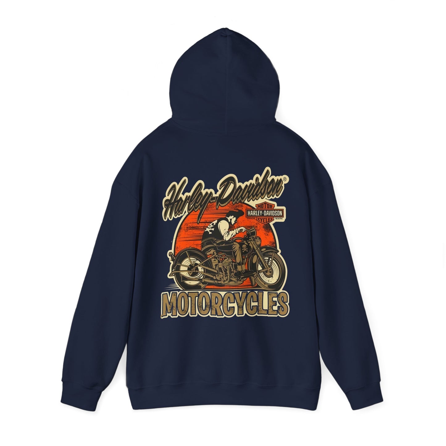 Elegant navy blue hoodie featuring a vintage Harley-Davidson back print, highlighting a classic motorcycle design with rustic text, perfect for showcasing passion for motorcycling.