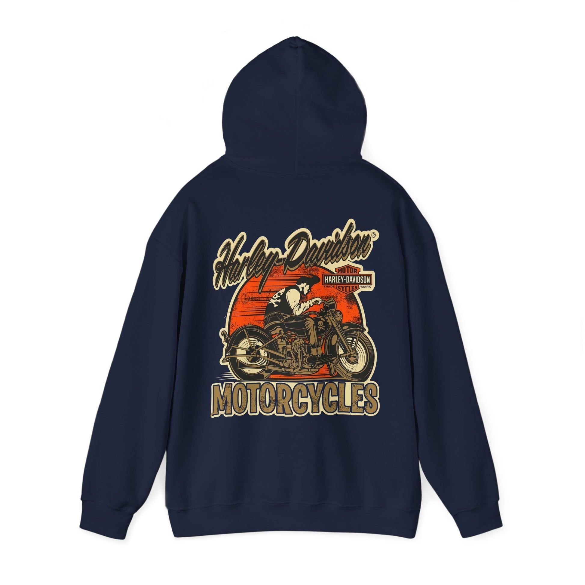 Elegant navy blue hoodie featuring a vintage Harley-Davidson back print, highlighting a classic motorcycle design with rustic text, perfect for showcasing passion for motorcycling.